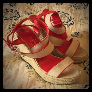 Jessica Simpson Linen and Red Wedges, Size 8